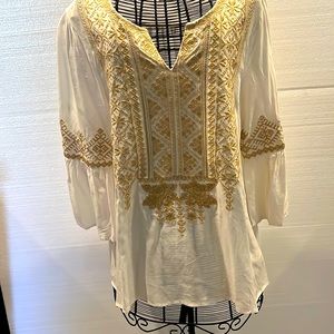 Womens Medium Andree by Unit White W/ Tan Embroidery 3/4 Sl Peasant Boho Top